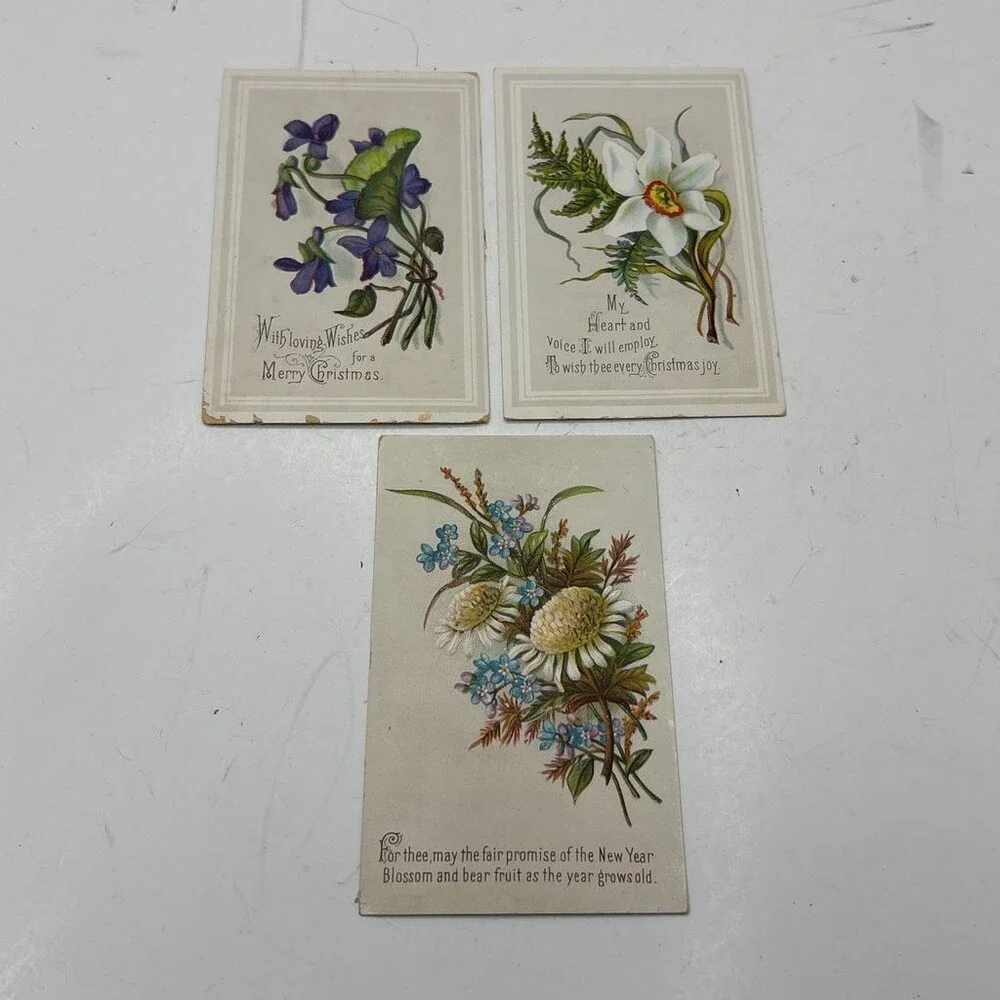 Vintage Floral Botanical Greeting Cards Lot of 3 – Christmas & New Year